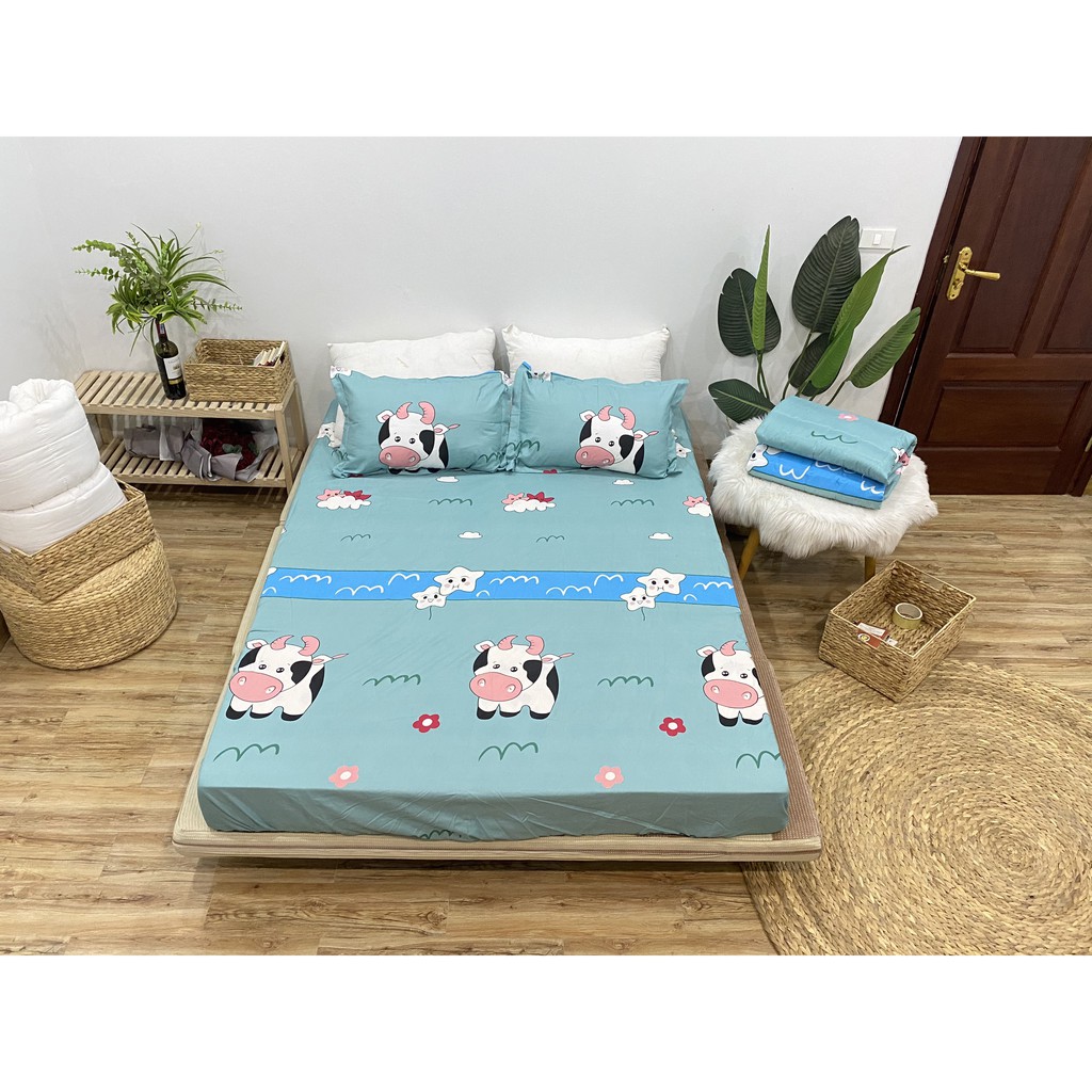 SET GA CHUN VÀ 2 VỎ GỐI NẰM COTTON POLY NGOCANHBEDDING HOT NHẤT HÈ 2021 MẪU BÒ SỮA XANH