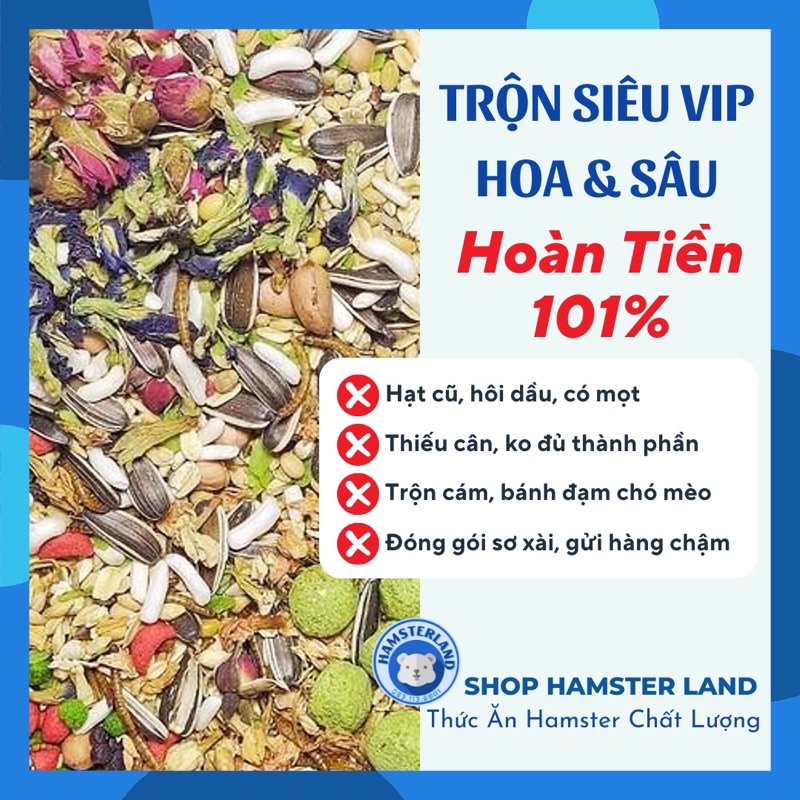Thức ăn trộn Hamster siêu vip 300G (3 loại Hoa Giải Nhiệt + Sâu Rang Bơ Mau Mập) Hạt Ngũ Cốc Bổ Dưỡng + Bánh Mài Răng