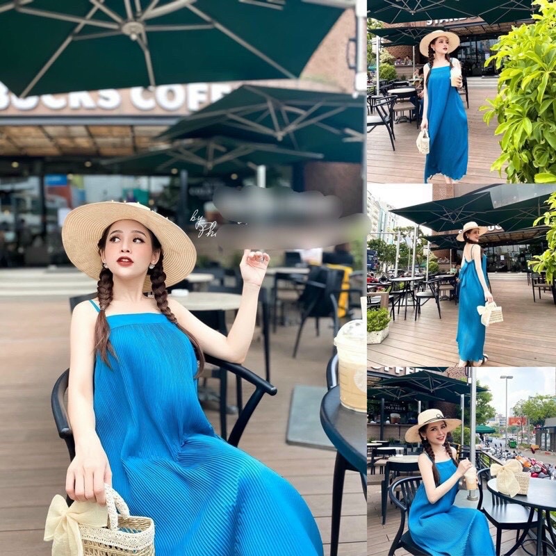 Đầm dập ly 2 dây cột nơ sau lưng dáng suông _hình thật.