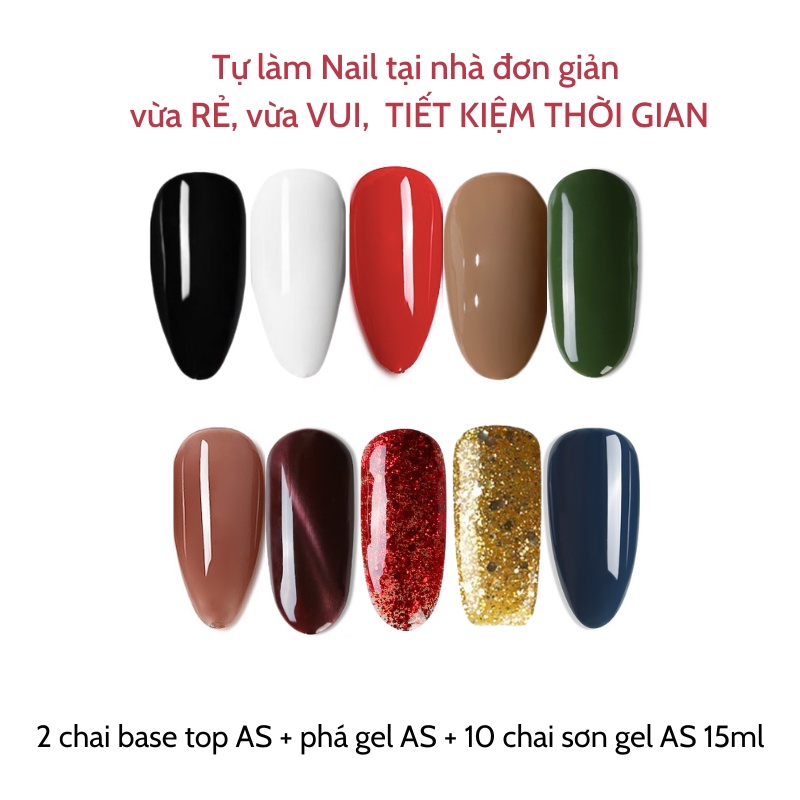 Bộ làm móng tự làm nail tại nhà (sơn gel AS + base top + phụ kiện nail) VUA SƠN AS 15ml
