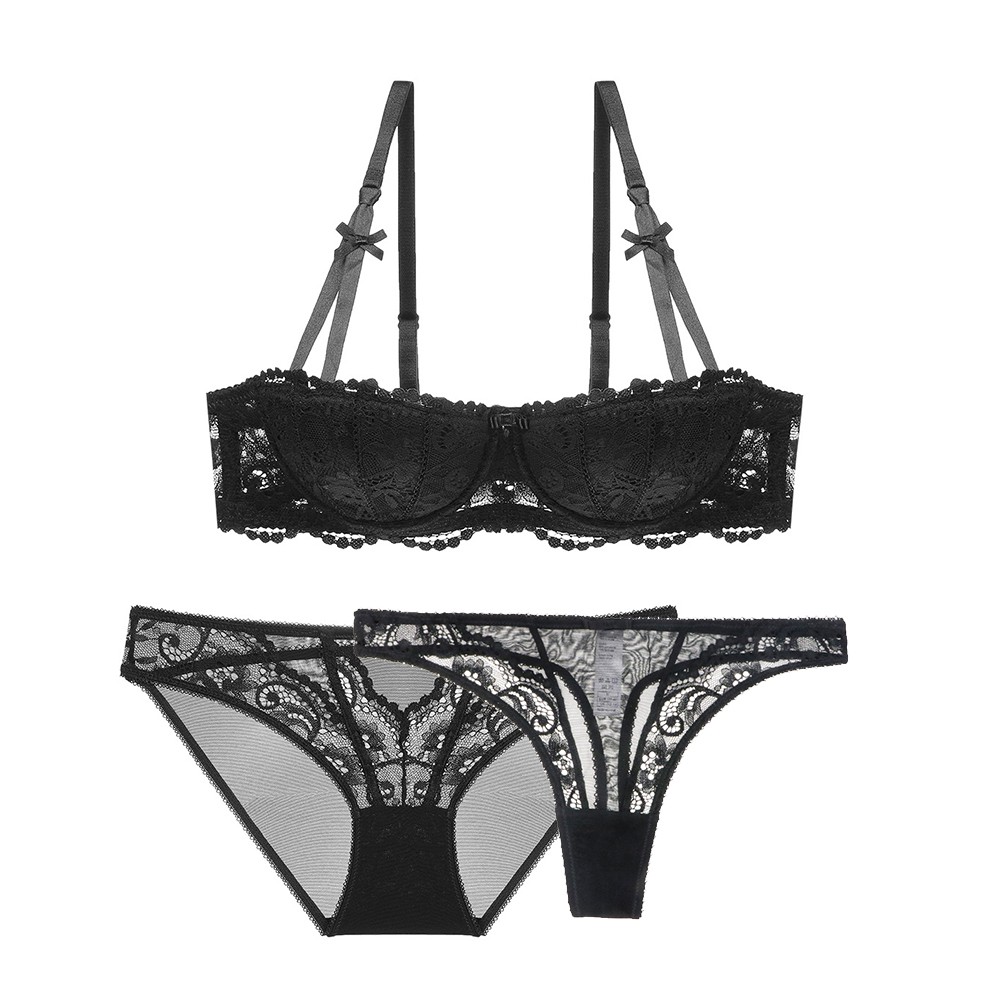 Bộ Đồ Lót Varsbaby 3 Món Gồm Áo Ngực Nửa Cúp Ren Hoa Quần Lót Thường Và Quần Lót Lọt Khe Vải Mỏng Cho N
