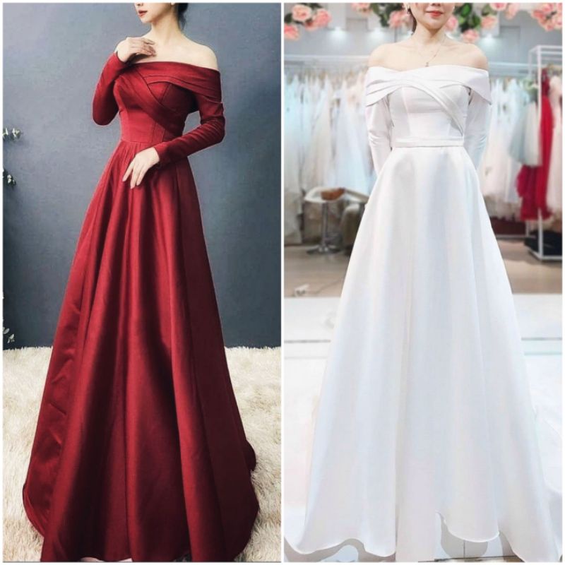 Đầm váy dạ hội cô dâu đi bàn bẹt vai xếp ly,phối nơ lưng sang chảnh