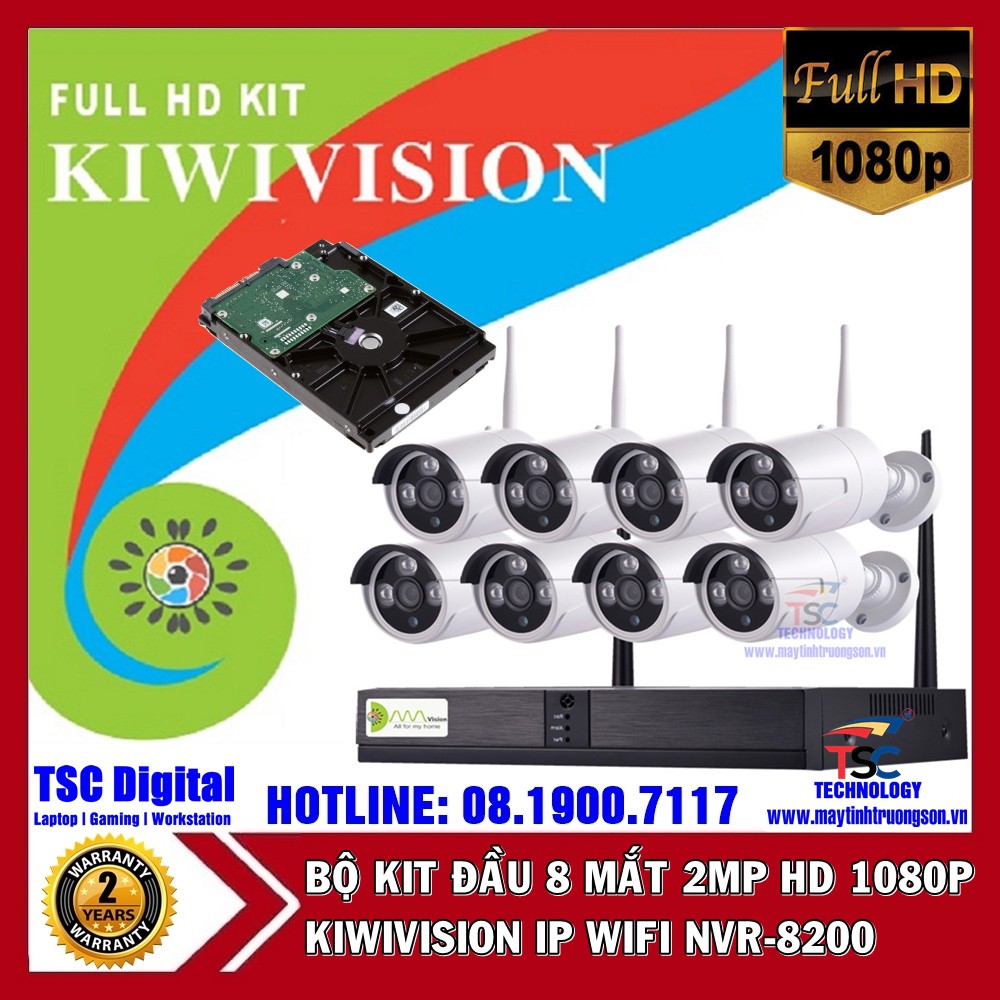 Bộ Camera KIWIVISION NVR8200 Wifi NVR Kit 8 Mắt Camera 2M Full HD 1080P | Kèm Ổ Cứng 1Tb/ 1000Gb Lưu Trữ Lên Đên 60 Ngày