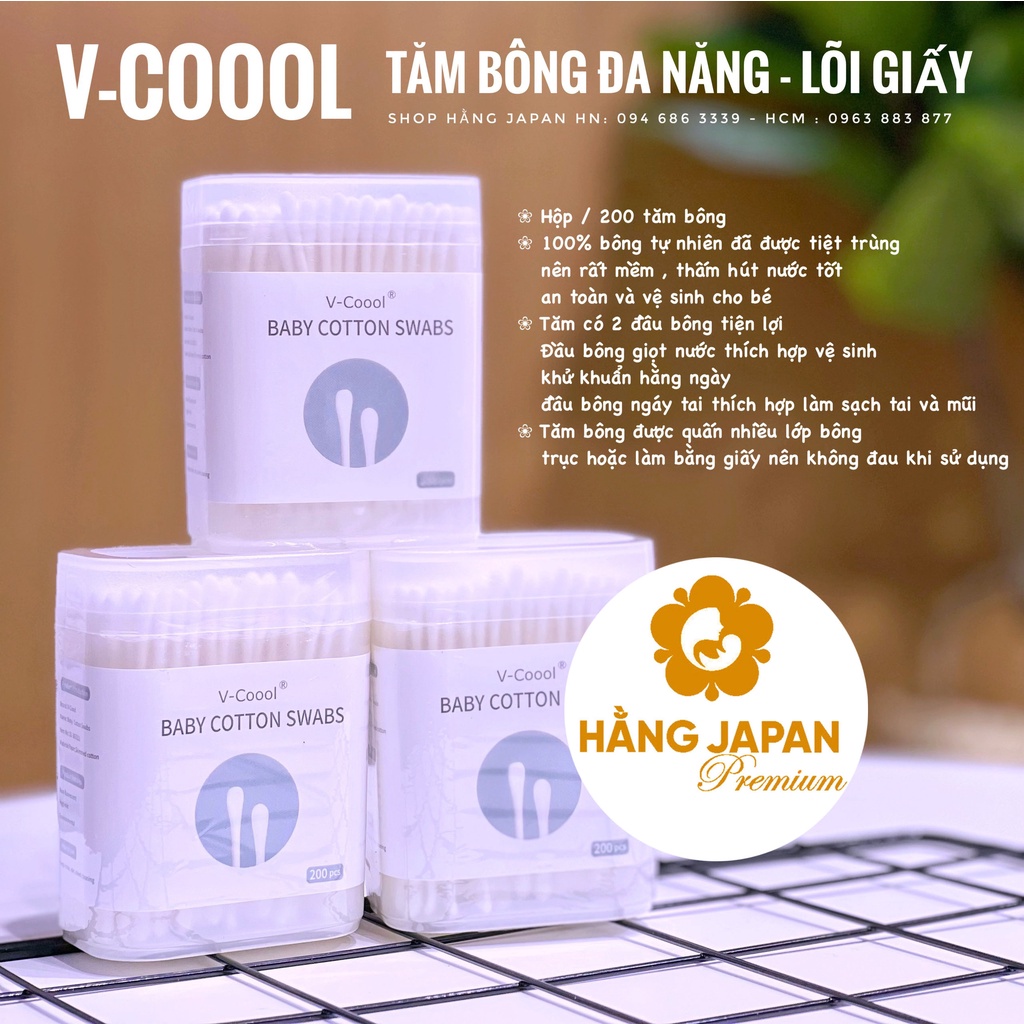 Tăm bông đa năng Vcool lõi giấy an toàn cho bé hộp 200 chiếc