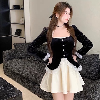 Set áo nhung tiểu thư kèm váy phong cách cổ điển