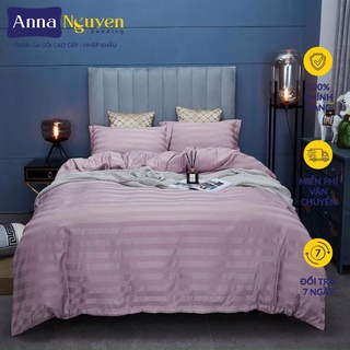 Bộ chăn ga gối nệm cotton tici 3f sọc drap giường cao cấp bo chun drap - anna nguyen bedding