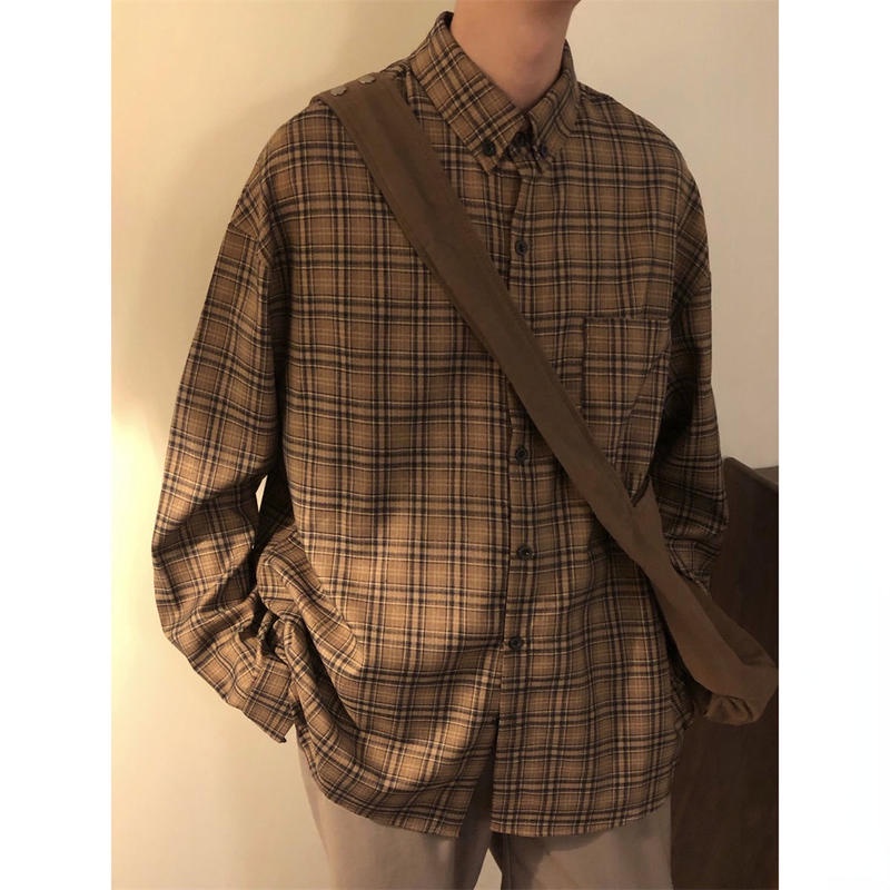 Áo Sơ Mi Caro Tay Dài Dáng Rộng Màu Cà Phê Kiểu Retro Nhật Bản Thời Trang Xuân Thu Cho Các Cặp Đôi