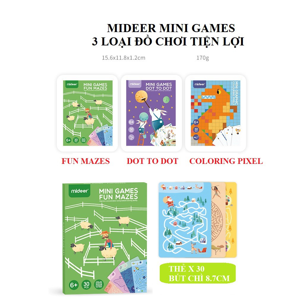 MIDEER [TẶNG KÈM BÚT CHÌ] Mini Game 3 chủ đề - Mê Cung - Nối Điểm và Tô màu số