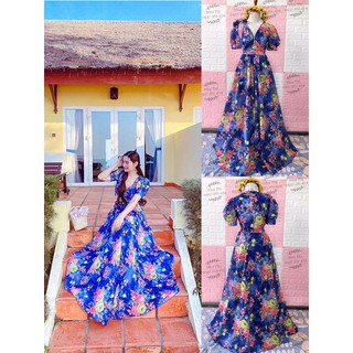 (free chỉnh sửa váy) đầm maxi von hoa tay phồng váy xòe, maxi hoa hồng đi biển dạo phố, đầm maxi dài