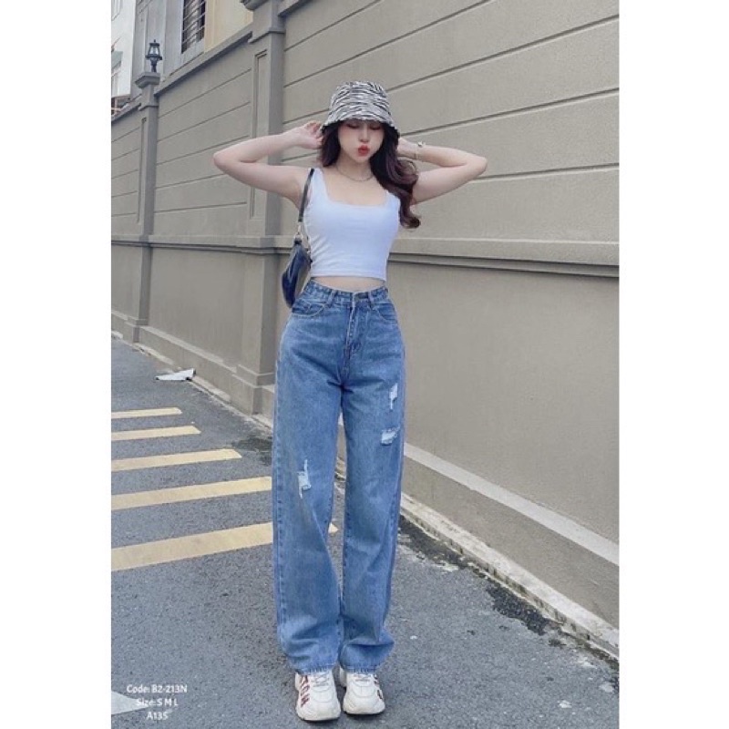 Quần Jeans Ống Suông Lưng Cao Catty Bigsize, Quần Ống Rộng Lưng Cao bigsize nữ