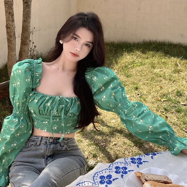 Áo Trễ Vai Tay Phồng Họa Tiết Hoa Thời Trang Cho Nữ | BigBuy360 - bigbuy360.vn