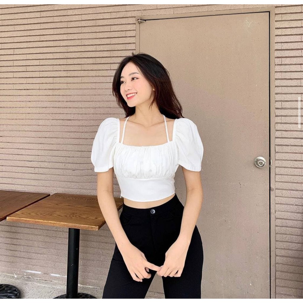 Áo Croptop Dây Đan Chéo Lưng Có Tay YUMMY (TRẮNG)