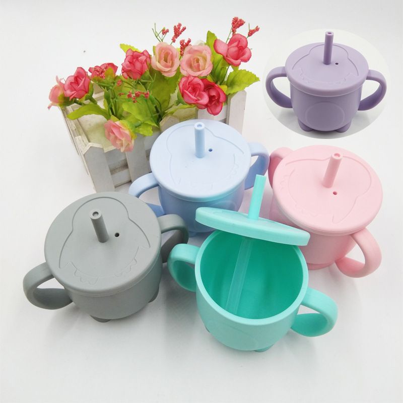 (Tặng cọ rửa ống hút) Cốc hút silicon, cốc uống nước, pha sữa có chia vạch ml cho bé