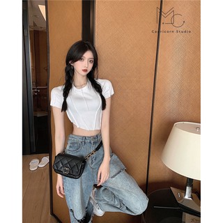 Set áo croptop trắng và quần cạp cao ống rộng phong cách HuynA cực chất [Có bán tách set - MinC.Studio - MCS001]
