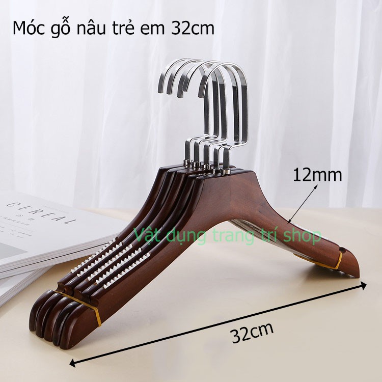 Móc treo quần áo trẻ em gỗ nâu vai đệm 32cm (1 móc)