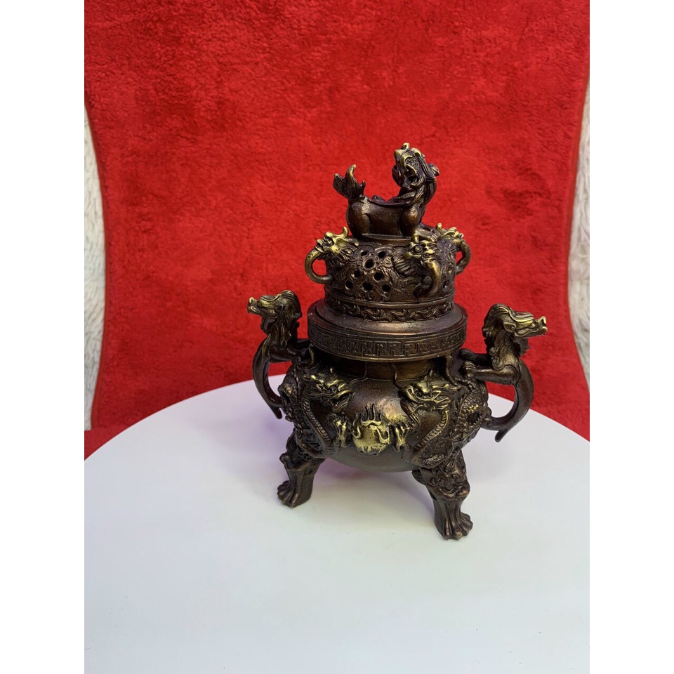 Lư Xông Trầm Đốt Trầm Hương Rồng Nắp Nghê Cỡ To Bằng Đồng Thờ Cúng Phong Thuỷ