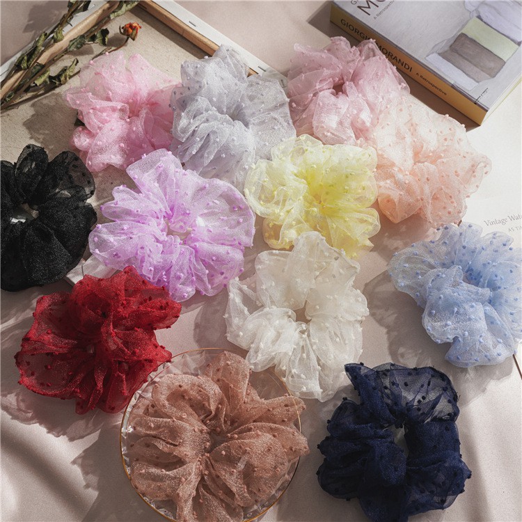 Scrunchies Cột Tóc Vải Voan Đốm Bi 2 Size Lớn Nhỏ