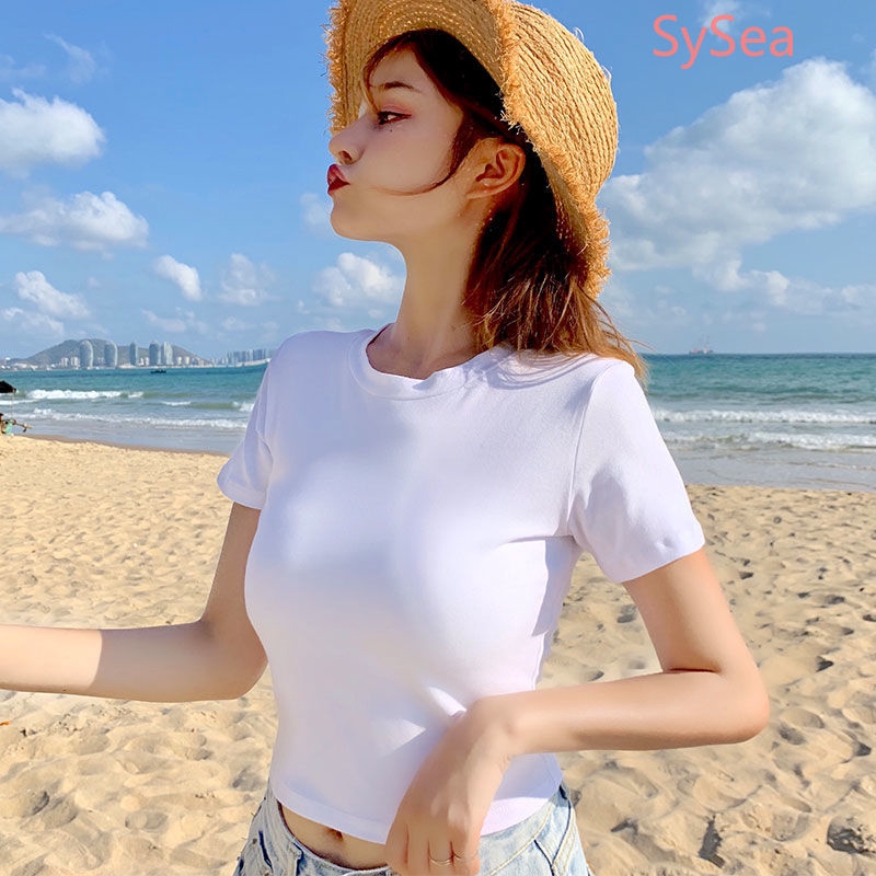 Áo croptop dáng ôm ngắn tay cổ tròn màu trơn trẻ trung đơn giản