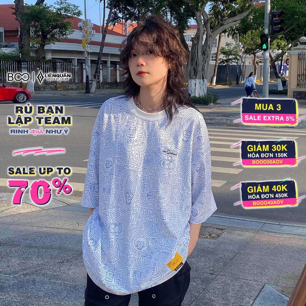 Áo Thun BOO Unisex Dáng Oversize, Cotton Cao Cấp In Tràn Pattern Họa Tiết The Simpsons BZL