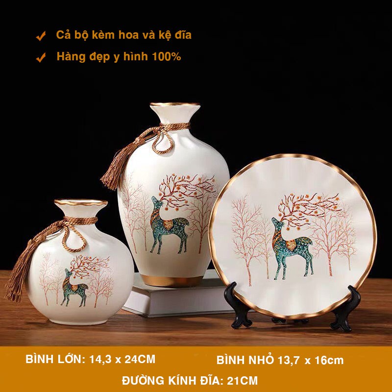 ❤️ FREE SHIP ❤️ Bình hoa gốm - lọ hoa 3 món, bình công phong thuỷ hút lộc trang trí nhà - kệ ti vi (tặng hoa + giá đĩa)