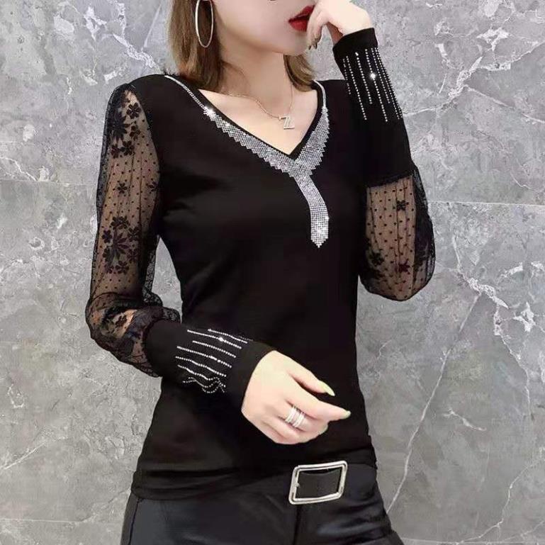 XẢ (HT018) ÁO THUN NỮ TAY LƯỚI DÀI CỔ TIM ĐÍNH ĐÁ .