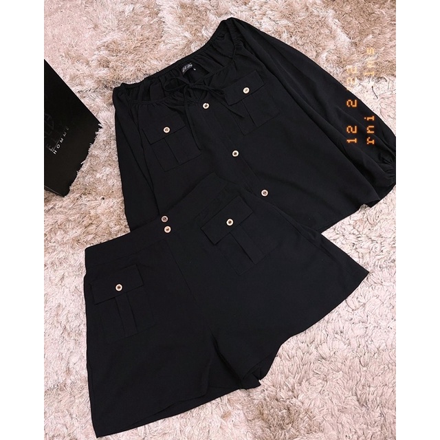 Set bộ áo trễ vai nhún thun tay dài quần short bigsize Mèo Mập Clothes chất đũi Hàn mịn mát