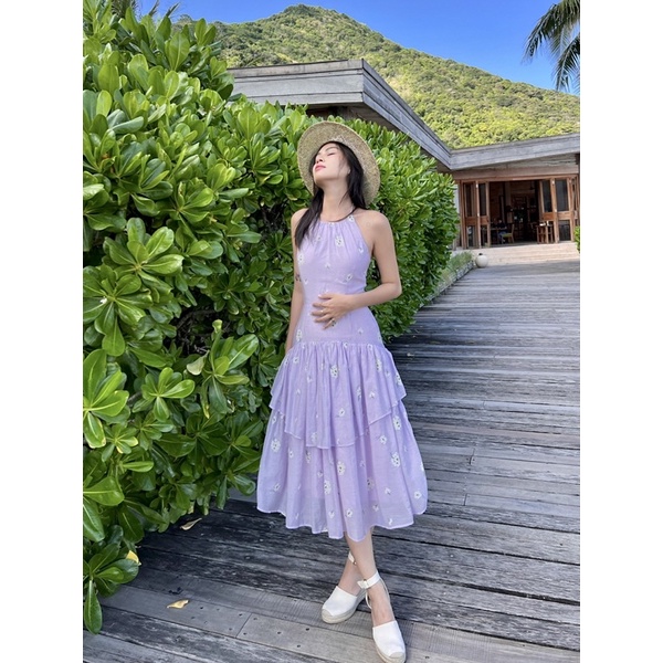 Beachclub-Đầm midi cổ yếm ladina