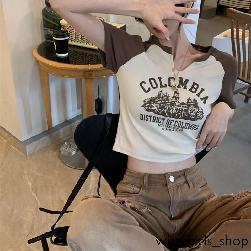 Wittygirls-áo Thun Ngắn Tay Thời Trang Mùa Hè Màu Trơn Phong Cách Mỹ Ngọt Ngào