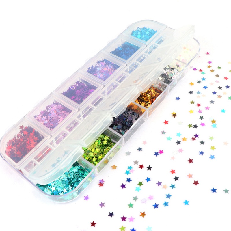 Hộp 12 ngăn kim tuyến seqeuin dạ quang 3D lấp resin làm móng nghệ thuật