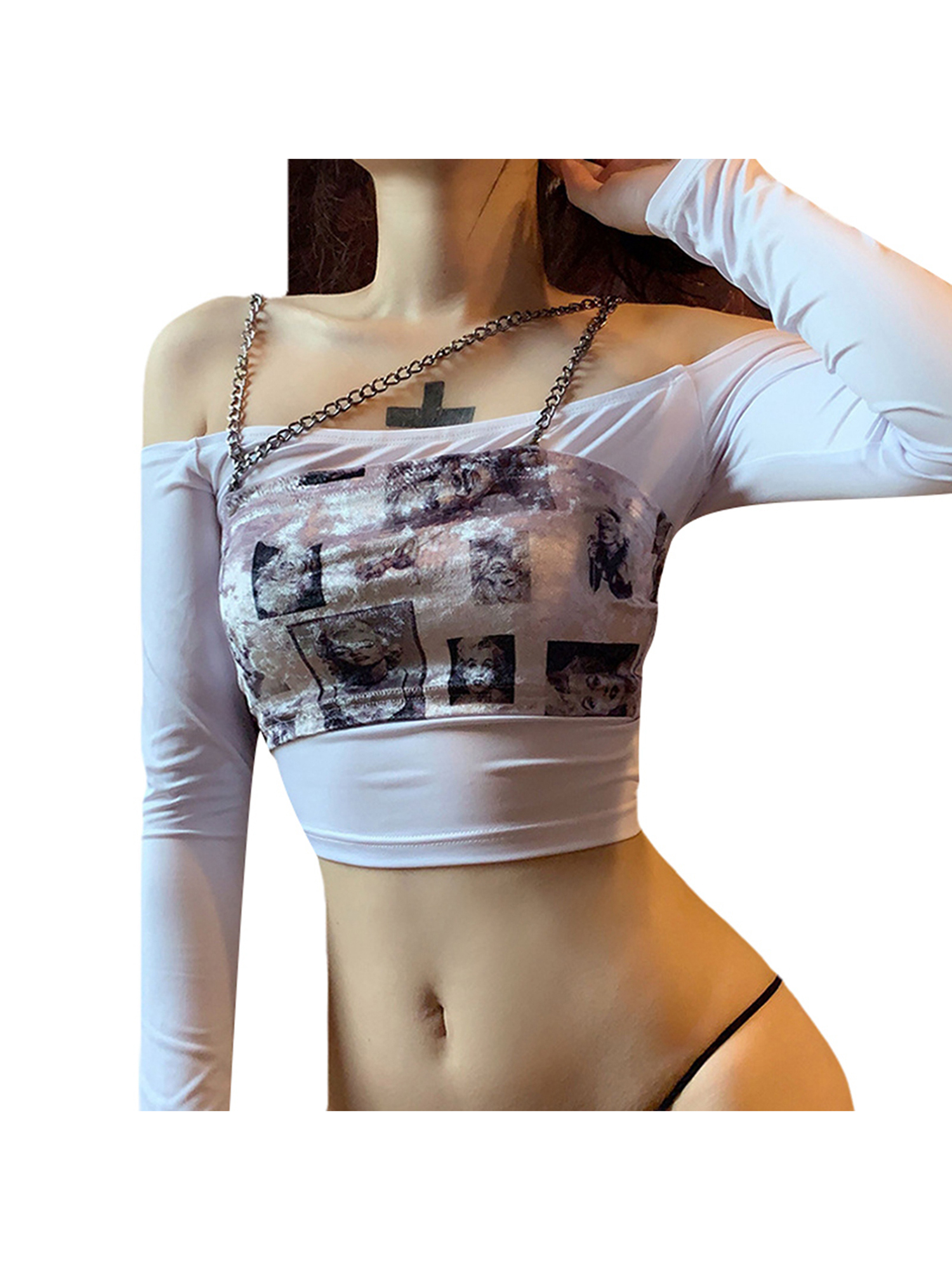 Set Áo Croptop Tay Dài Trễ Vai + Quần Dài Phối Dây Xích Cá Tính Dành Cho Nữ