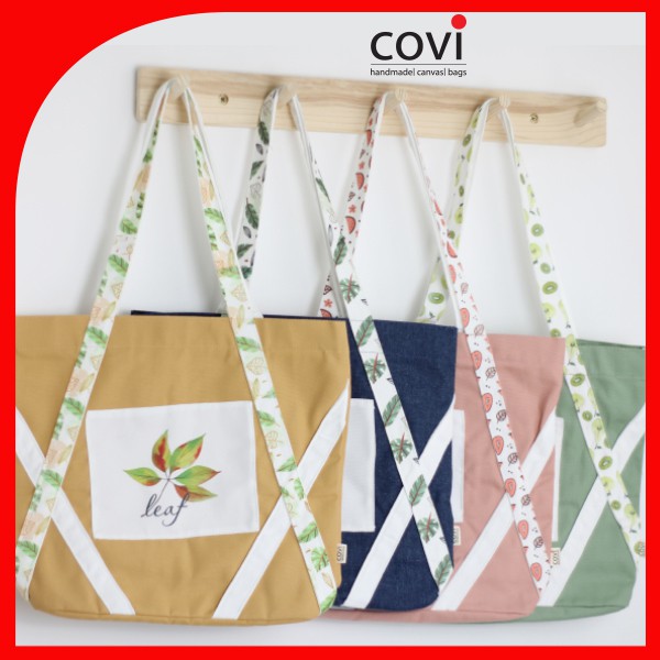 Túi Canvas, Tote Vải, Đeo Vai Hàn Quốc, Đựng Giấy A4 Phối Hoa Lá COVI Vàng, Xanh, Hồng, Đen