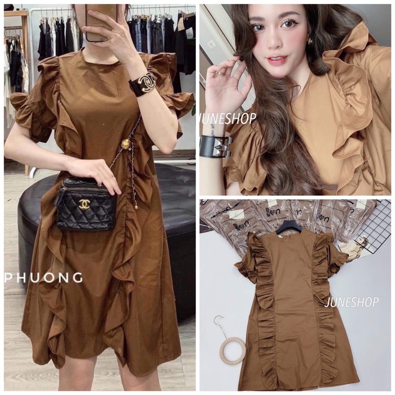 Váy viền bèo dáng xuông thô màu nâu tây