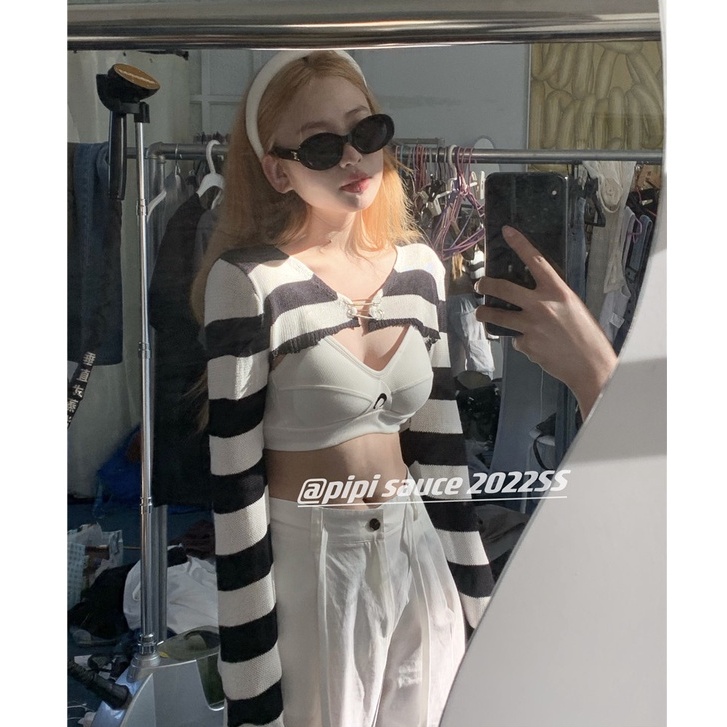 QKOOLE  Áo Lửng Tay Dài Họa Tiết Sọc Vintage Thời Trang Cho Nữ