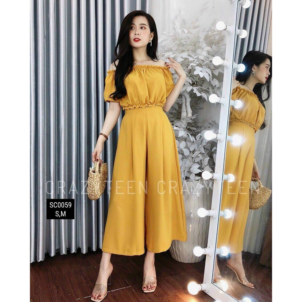 JUMPSUIT NHÚN BÈO ỐNG RỘNG TRẮNG VÀNG