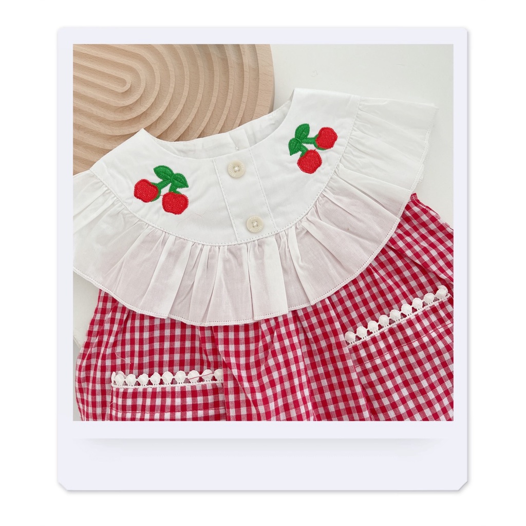 Váy hè caro thêu cherry chất vải thô mỏng mát mặc hè cho bé gái 8-20Kg-MaiMaiShop