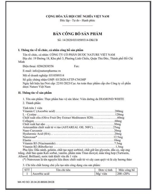 Viên Uống Trắng Da Ngọc Trinh DIAMOND WHITE Trắng Gấp 3 Lần - TEM CÀO MÃ QR | BigBuy360 - bigbuy360.vn