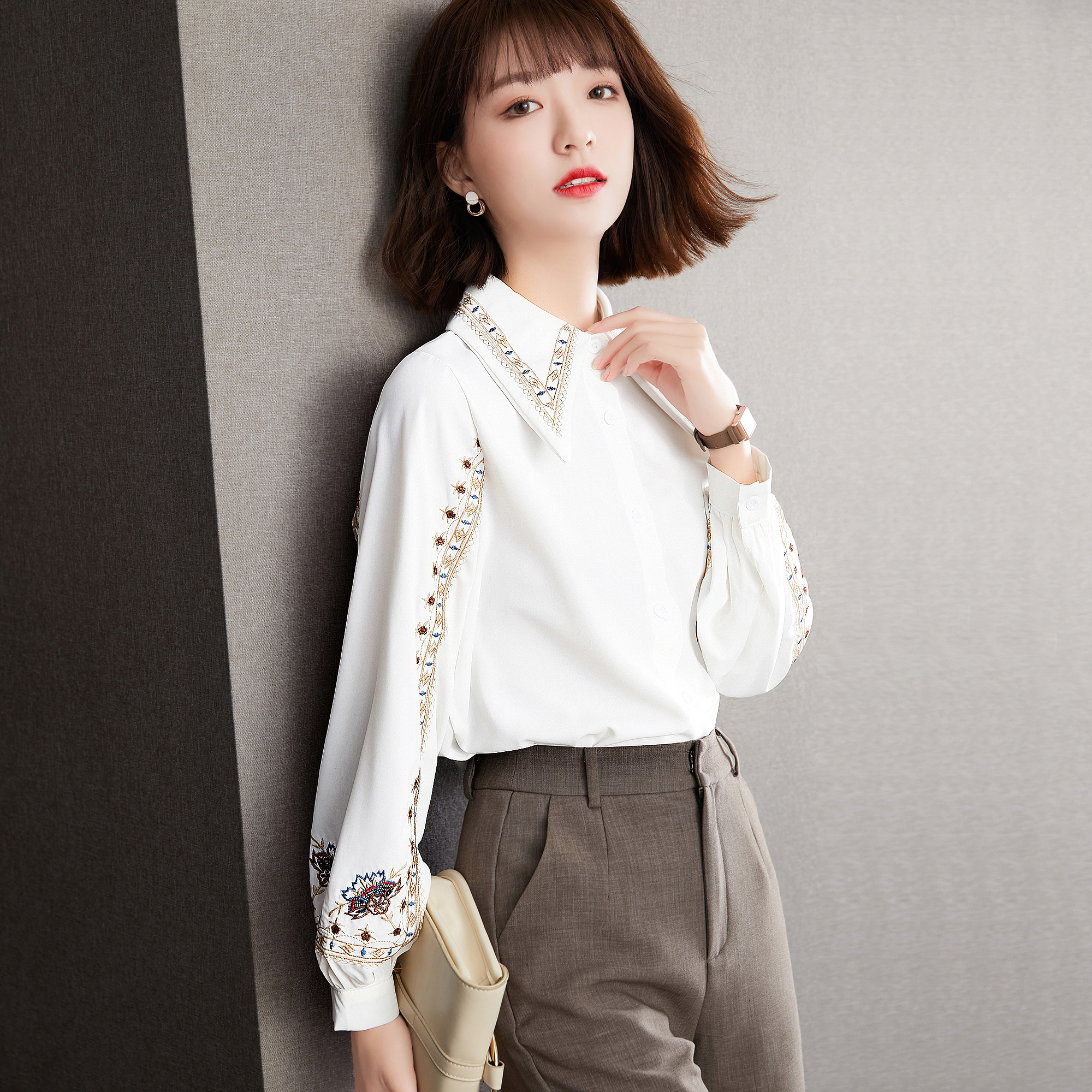 Spring Vintage Hong Kong Style White Shirt Design Small Quantity Chiffon Long Sleeve