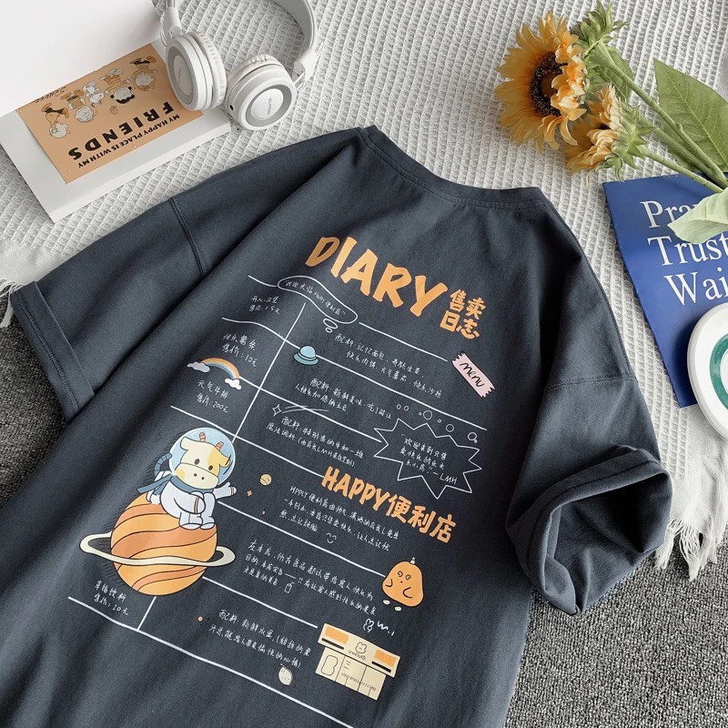 Áo Thun Chữ DIARY Áo Thun Tay Lỡ Form Rộng Unisex 38-65kg Nam Nữ Phong Cách Ulzzang