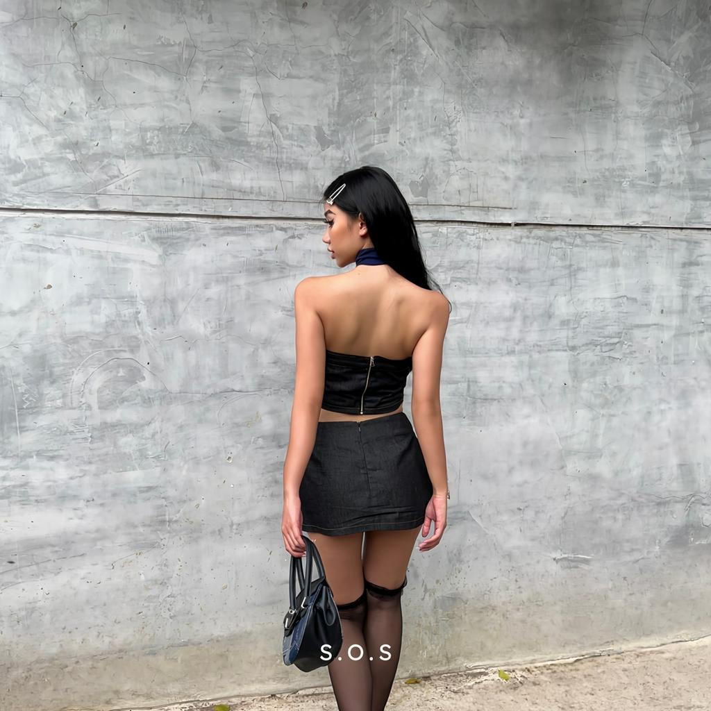 Set áo Nữ cúp ngực form corset Cá Tính SOS Design, Áo Nữ Kèm Quần Jean Cách Điệu Phối Chân Váy Chữ A Vắt Chéo | RIN SET