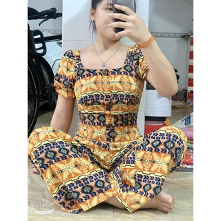 Set bộ họa tiết lụa mango thổ cẩm, tay phồng, quần ống rộng