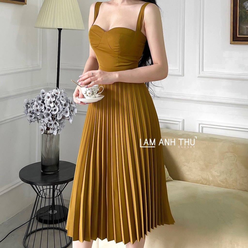 Váy tiểu thư 2 dây dập ly ⭐⭐⭐⭐ Váy lụa Hàn 2 lớp cao cấp siêu chảnh best-seller!!