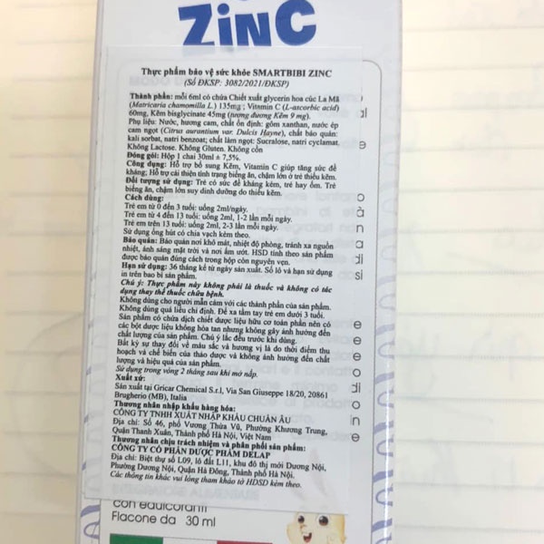 Smartbibi Zinc, hỗ trợ cải thiện tình trạng biếng ăn, chậm lớn ở trẻ thiếu kẽm (chai 30ml)