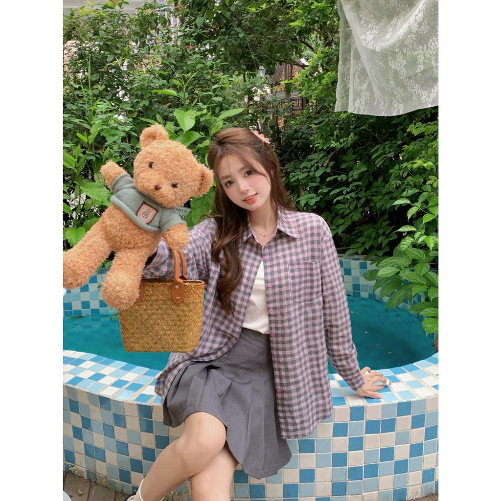 「 WELOVE1 」Áo Sơ Mi Nữ Tay Dài Dáng Rộng Họa Tiết Caro Màu Tím Phong Cách Hàn Quốc Thời Trang Mùa Hè