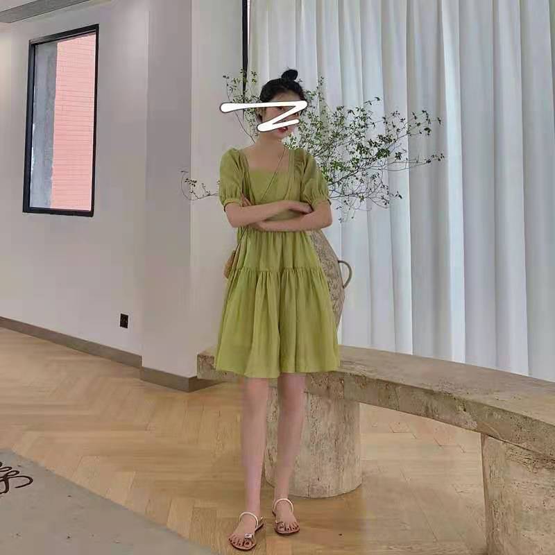 Đầm Dáng Chữ A Tay Phồng Chiết Eo Màu Xanh Bơ Dễ Thương | BigBuy360 - bigbuy360.vn