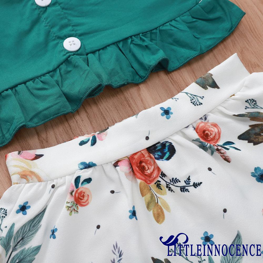 Set áo hai dây viền bèo màu trơn có nút và váy hoa dễ thương cho bé gái