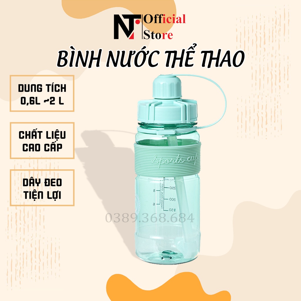 Bình đựng nước phong cách  thể thao, có dây đeo và ống hút tiện lợi - NT Store