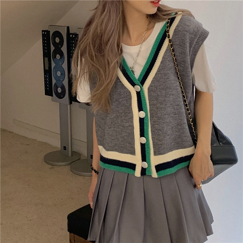 Áo khoác cardigan dệt kim không tay màu sắc tương phản thời trang mùa thu phong cách cho nữ
