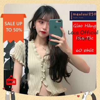 Áo Croptop Len Gân Motoghi Cổ V Bèo 3 Cúc Hot A13-1