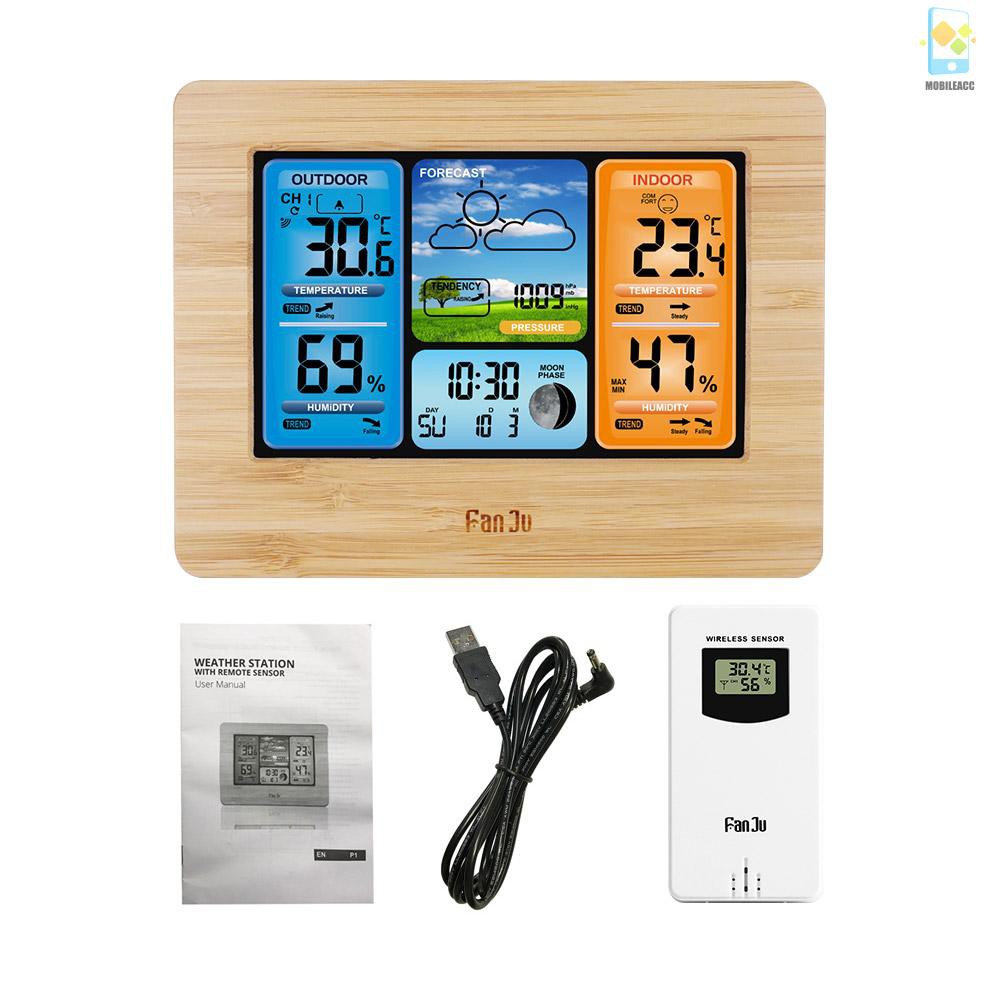 M FanJu FJ3373 Multifunction Digital Weather Station LCD Alarm Clock Indoor Outdoor Weather Forecast Barometer Thermometer Hygrometer with Wireless Outdoor Sensor USB Power Cord