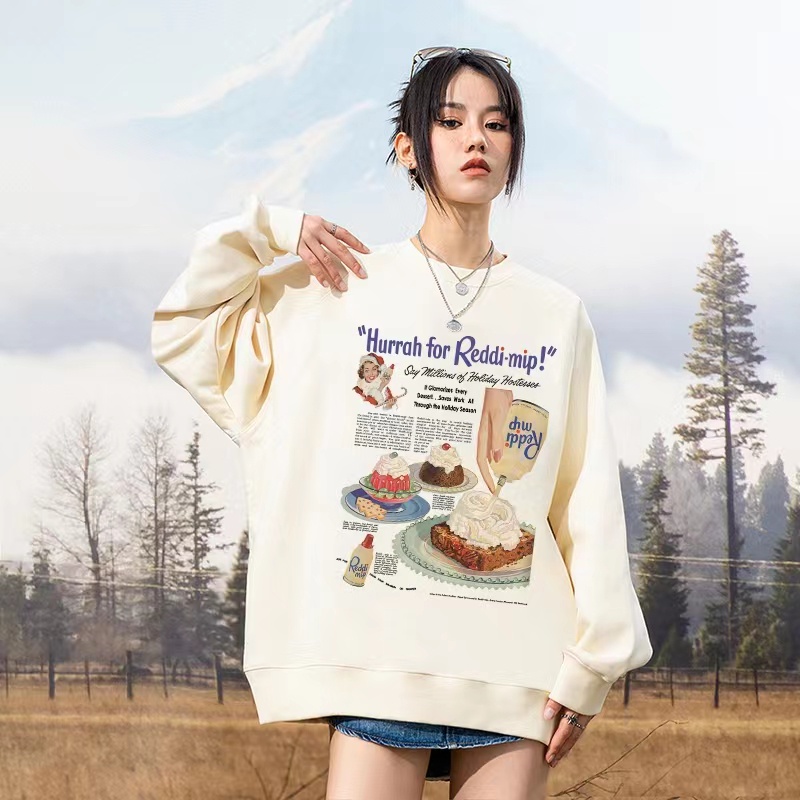 Áo sweater ZHELIHANGFEI tay dài cổ tròn in hình bánh hoạt hình phong cách retro Mỹ cho nữ